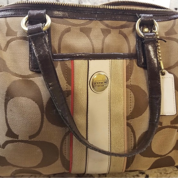 SIGNATURE STRIPE MULTI STRIPE SATCHEL (COACH F25526)BRASS/KHAKI/VERMILLION MTI - Picture 2 of 6